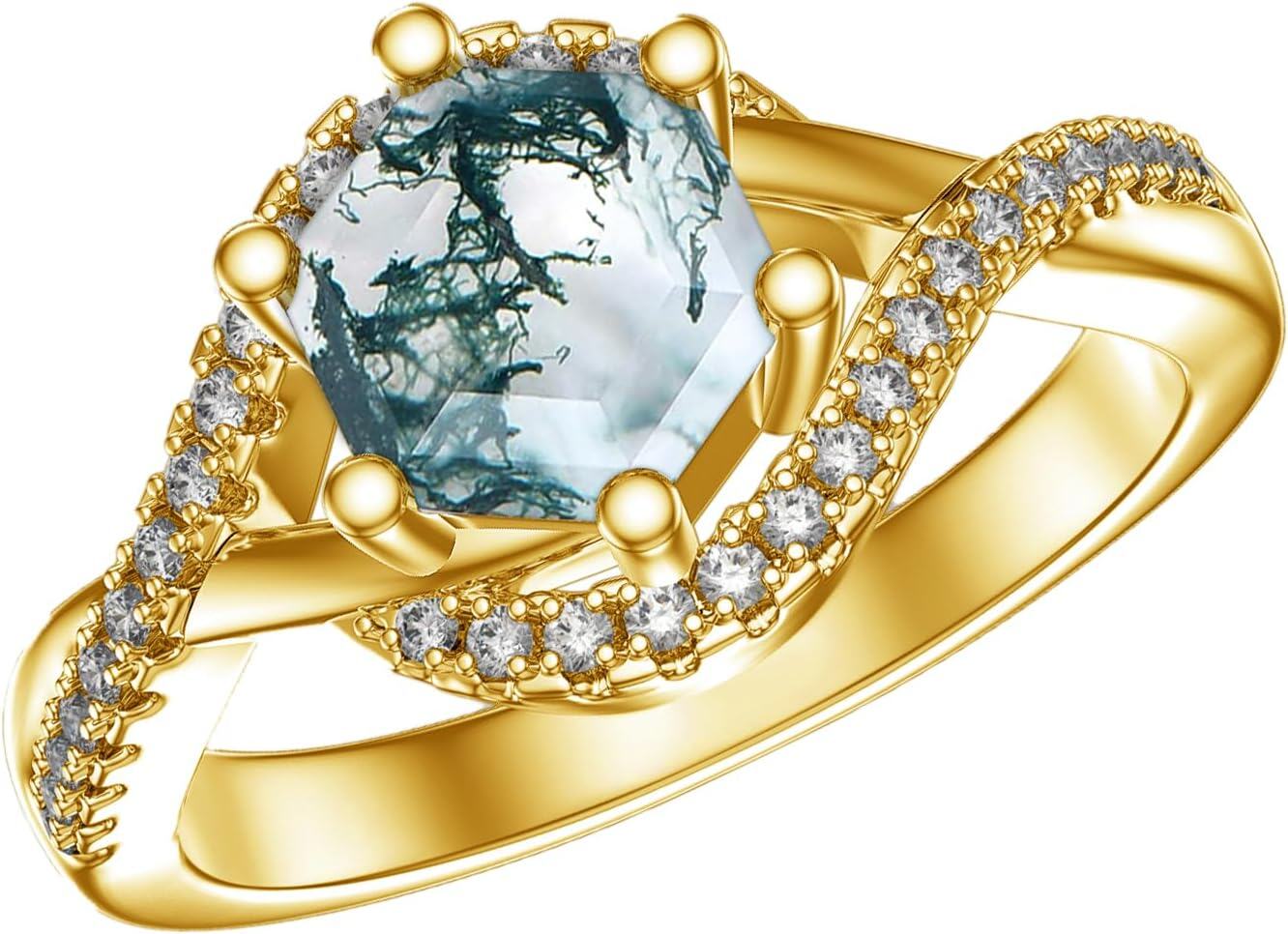 18K Gold Sterling Silver Moss Agate Hexagon Ring Unique Promise Engagement Ring for Women-8 Yellow gold # 3