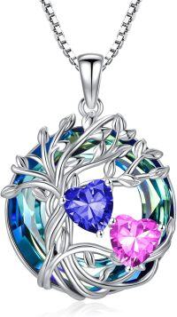 wholesale 18K White Gold Filled Sterling Silver Family Tree Pendant with 2 Heart Birthstones Blue Austrian Crystal Necklace for Women-09-10-Spet-Oct Birthstone