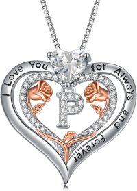 wholesale Sterling Silver Rose Pendant Necklace A Z Initial Letter Heart Jewelry for Women Valentine Mother s Day Birthday Gifts for Her-Letter P