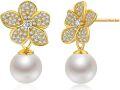 wholesale 925 Sterling Silver Plated Gold  Flower Pearl Stud Earrings-0-0