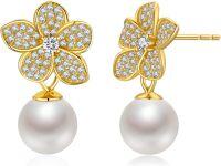 wholesale 925 Sterling Silver Plated Gold  Flower Pearl Stud Earrings-Sakura