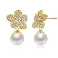 wholesale 925 Sterling Silver Flower Pearl Drop Earrings Gold Plated For Women-Sakura