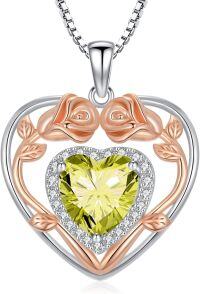 wholesale 925 Sterling Silver Birthstone Heart Rose Pendant Necklace for Her-8-Aug-Peridot