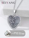 wholesale 925 Sterling Silver Saint Michael Archangel Heart Pendant Necklace With Cubic Zirconia For Women-0-2