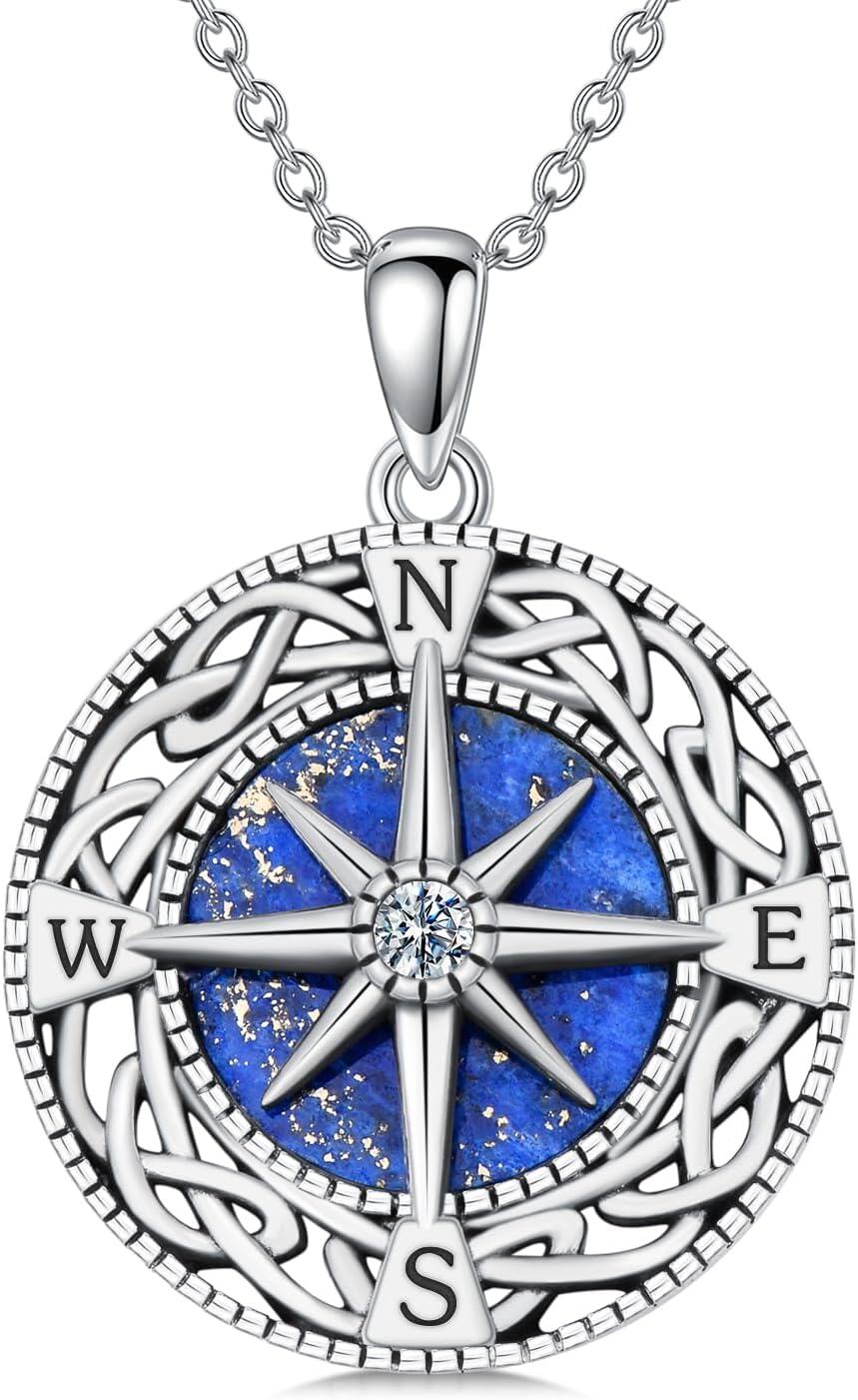 Sterling Silver Compass Necklace with Celtic Knot Skull World Map Pendant-0-0