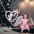 wholesale 925 Sterling Silver Angel in Heart Cross Pendant Necklace with Rose Gold Tone Stone  for Girls and Goddaughters-0-3