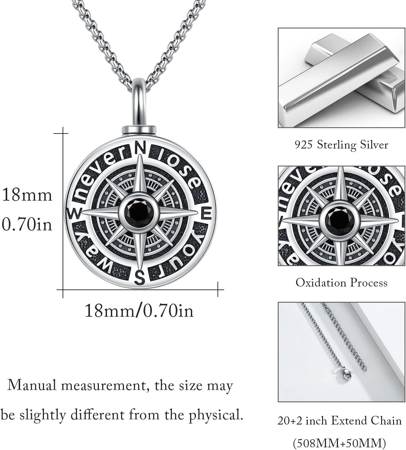 wholesale 925 Sterling Silver Compass Pendant Necklace with Stainless Steel Chain with Black Stone and Chain - Graduation Gift for Him & Her-0-1