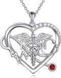 wholesale 925 Sterling Silver Heart Shaped Caduceus Angel Wings RN Necklace with Red Stone and Crystals-0-0