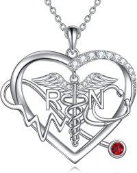 wholesale 925 Sterling Silver Heart Shaped Caduceus Angel Wings RN Necklace with Red Stone and Crystals-Heart RN Necklace