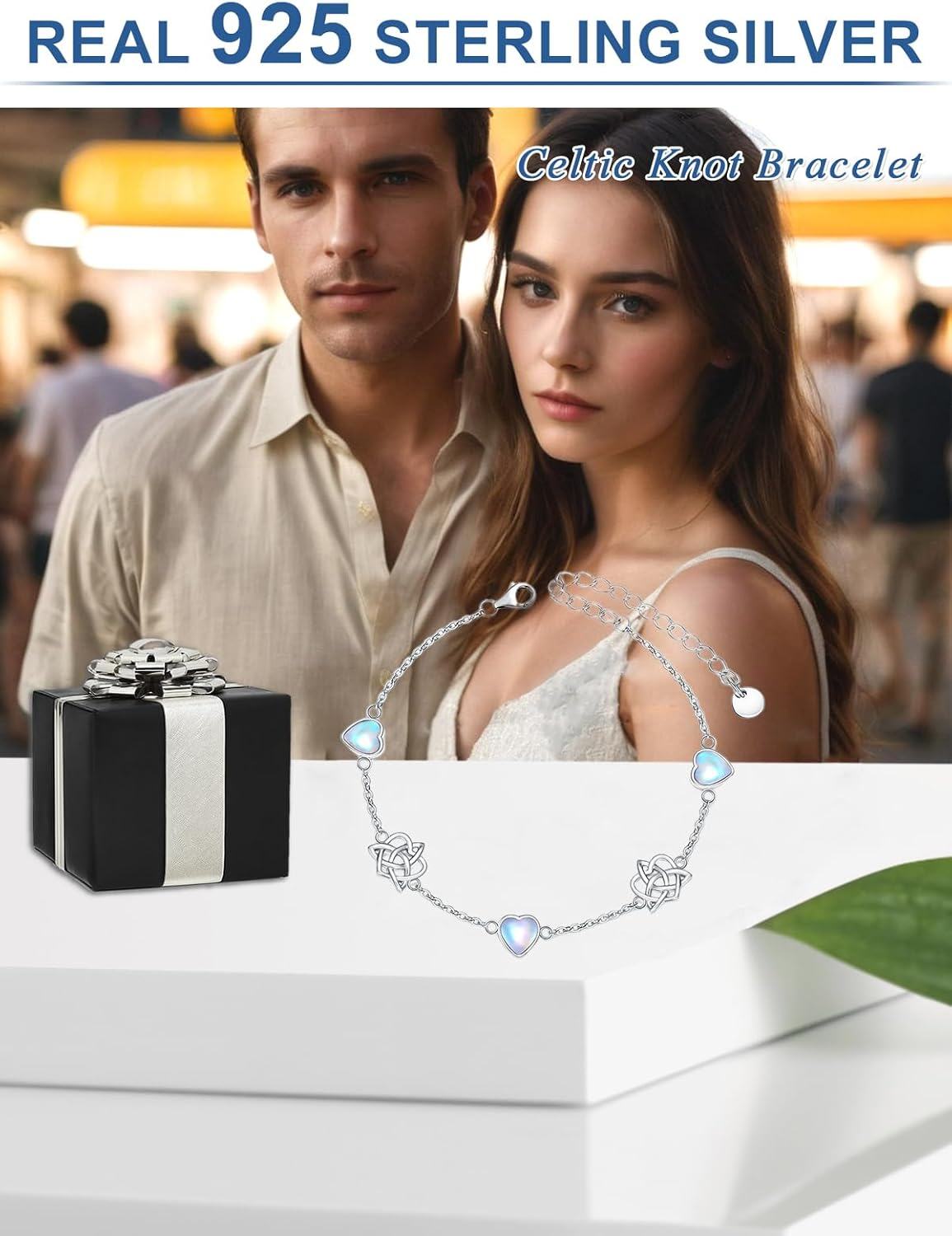 wholesale 925 Sterling Silver Heart Celtic Knot Bracelet with Opalite Beads and Chain Link Design for Women Girls  6-8 Adjustable Length-0-5
