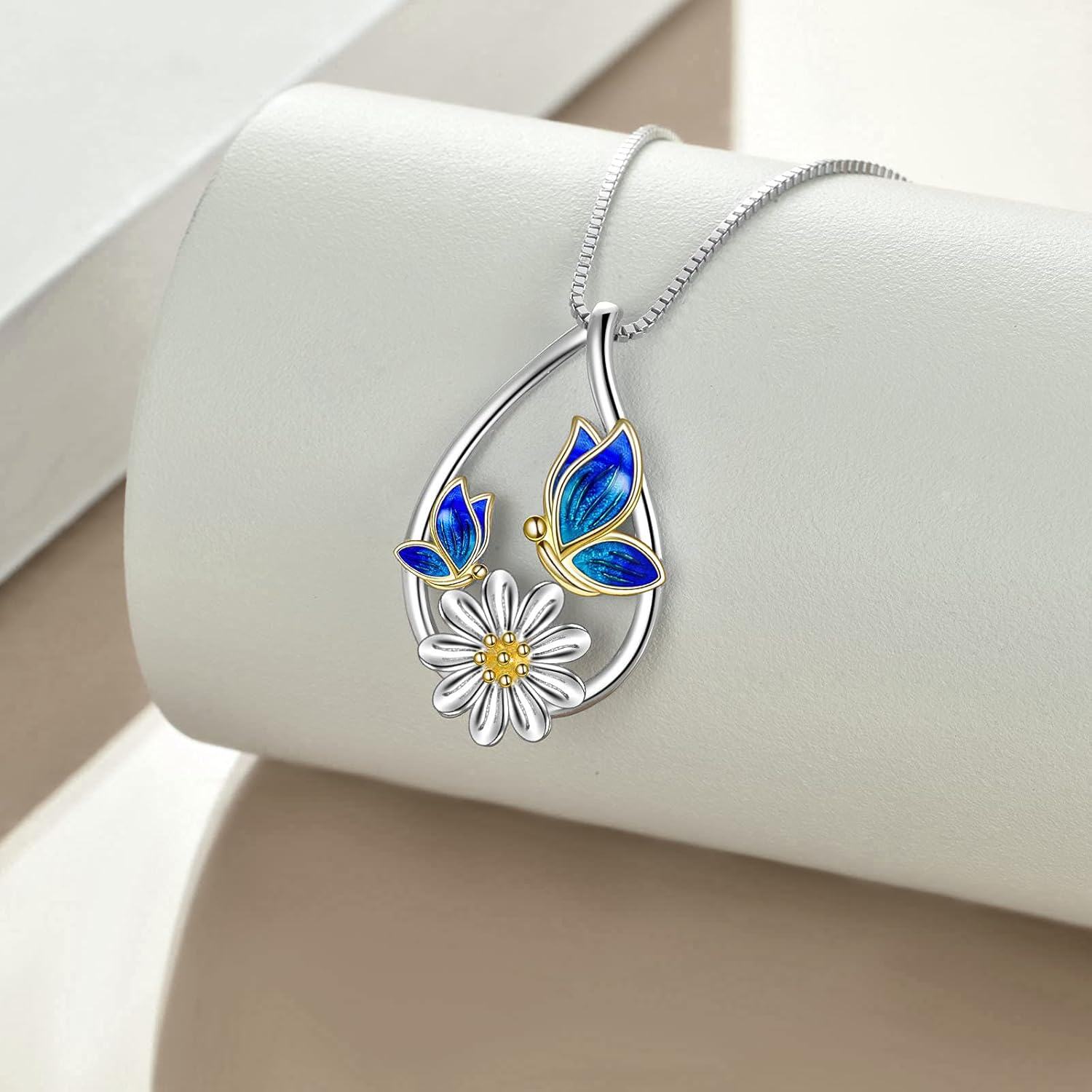 Sterling Silver Daisy Flower Butterfly Teardrop Pendant Necklace Jewelry Gift-0-2