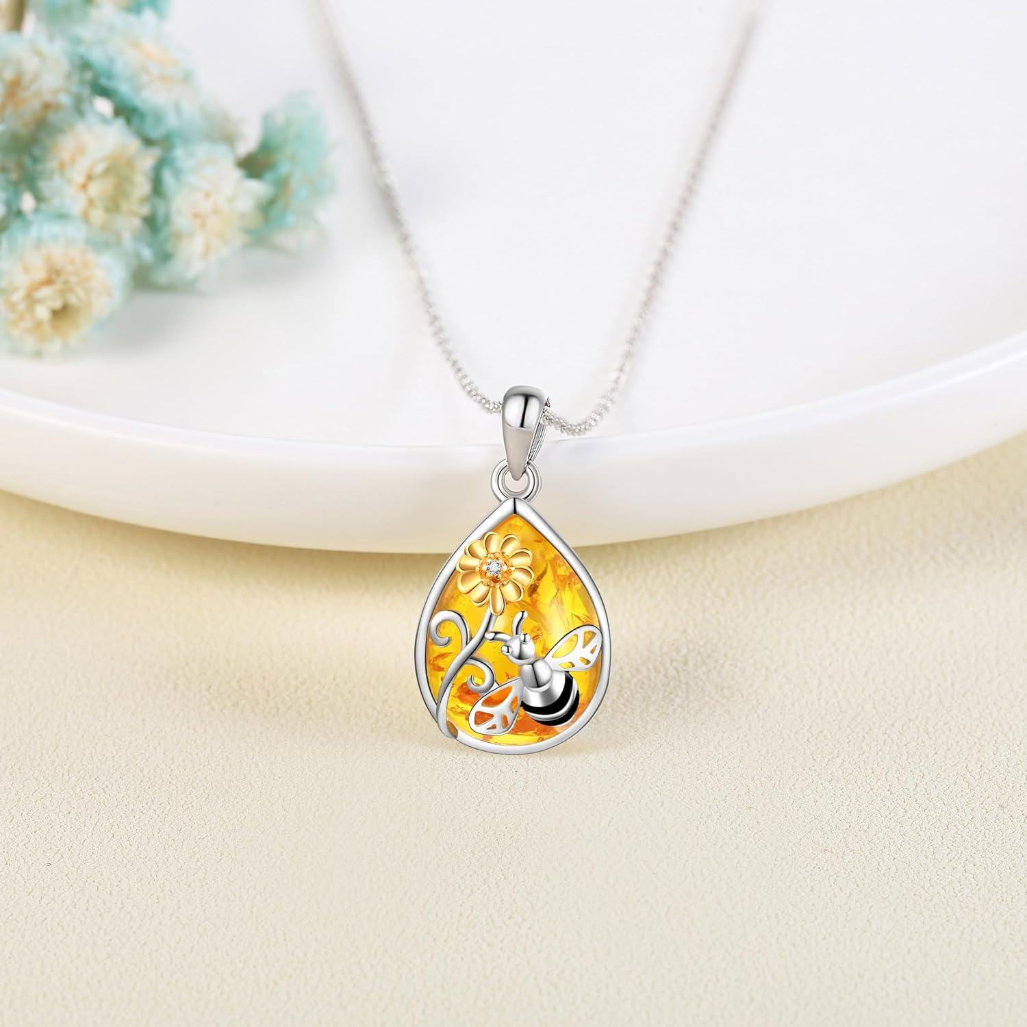 Sterling Silver Amber Pendant Necklace for Women-0-3