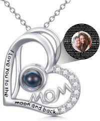 wholesale 925 Sterling Silver Heart Mom Photo Frame Pendant Necklace w/ CZ Stones - Mothers' Day Gift for Her-I-Mom+Photo-I-Mom+Photo Fill