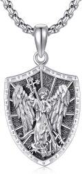 wholesale 925 Sterling Silver Shield Shape Angel and Cross Pendant Necklace  for Men Women  45cm Chain Length-0-0