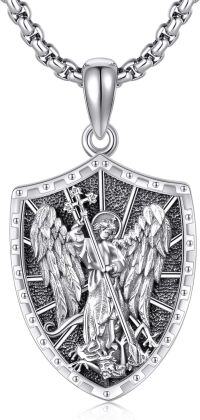 wholesale 925 Sterling Silver Shield Shape Angel and Cross Pendant Necklace  for Men Women  45cm Chain Length-Saint Michael 2