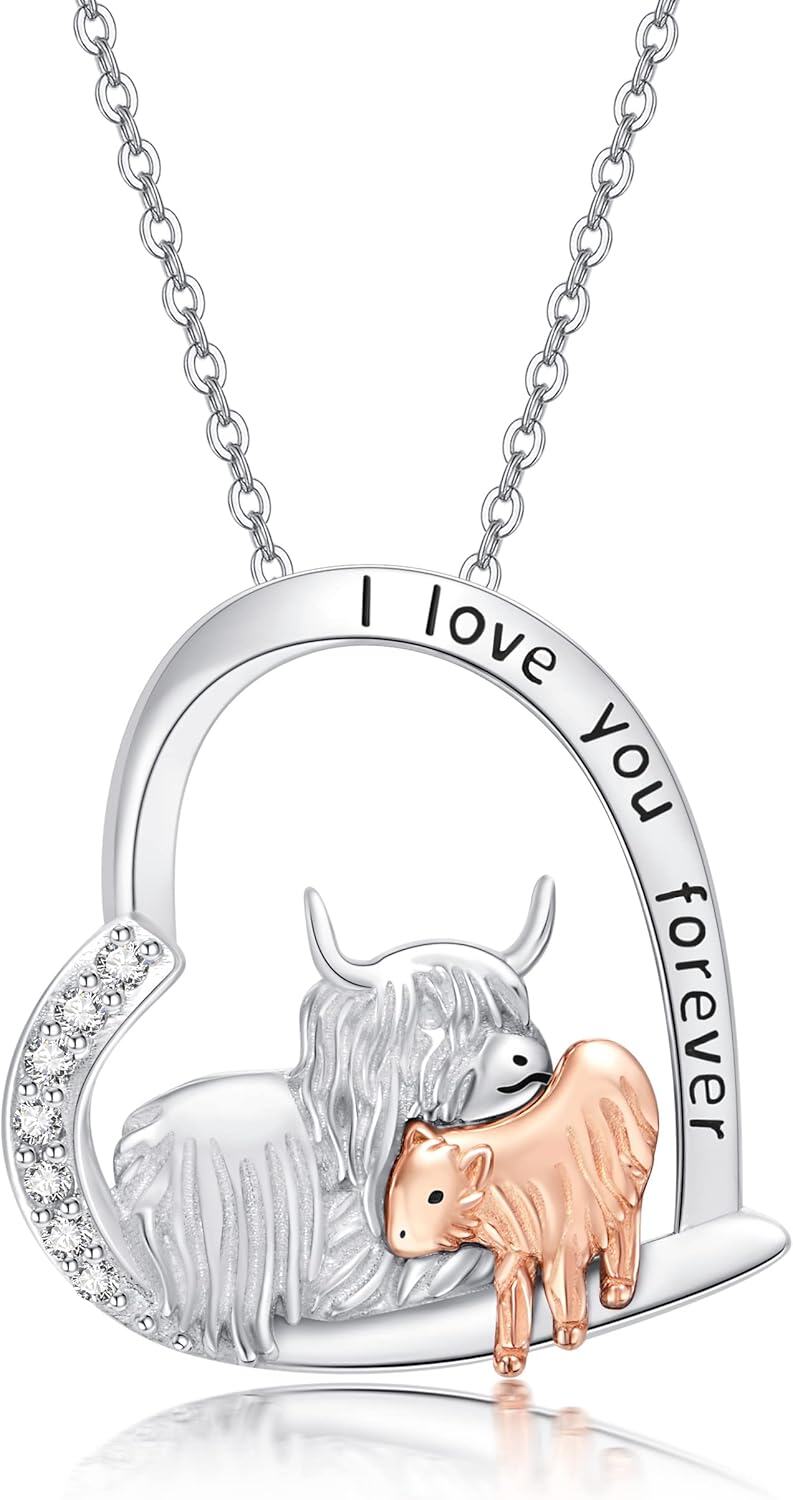 Sterling Silver Stone Highland Cow Necklace Mother Daughter Pendant-0-0
