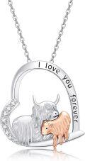 wholesale 925 Sterling Silver Highland Cow & Calf Heart Pendant Necklace for Mom and Daughter-0-0