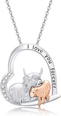 wholesale 925 Sterling Silver Highland Cow & Calf Heart Pendant Necklace for Mom and Daughter-Two Cow B