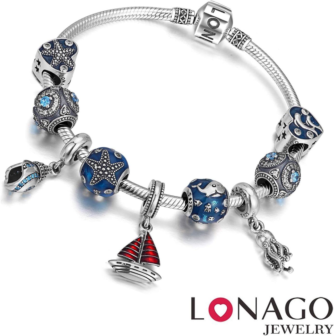 925 Sterling Silver Snake Chain Charm Bracelet with Barrel Clasp - Birthday Gift for Women-0-3
