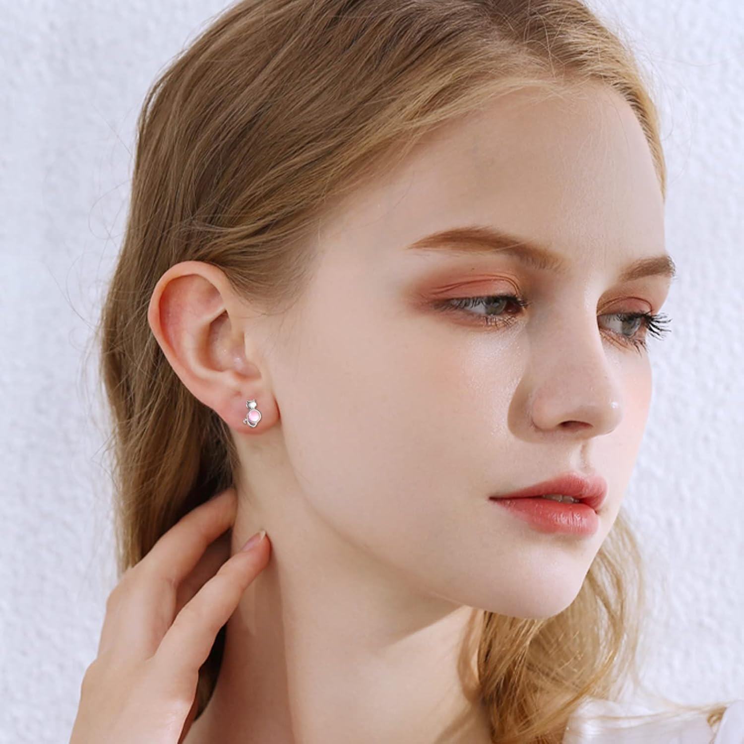 925 Sterling Silver Pink Cat Stud Earrings-0-1