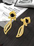 wholesale Gold 925 Sterling Silver Black Stone Leaf Design Dangle Earrings for Women-0-2