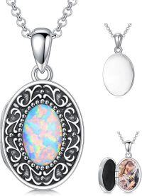 wholesale Sterling Silver Moonstone Opal Vintage Filigree Flower Photo Locket Necklace Gift for Women-Opal-Opal+Photo+Text