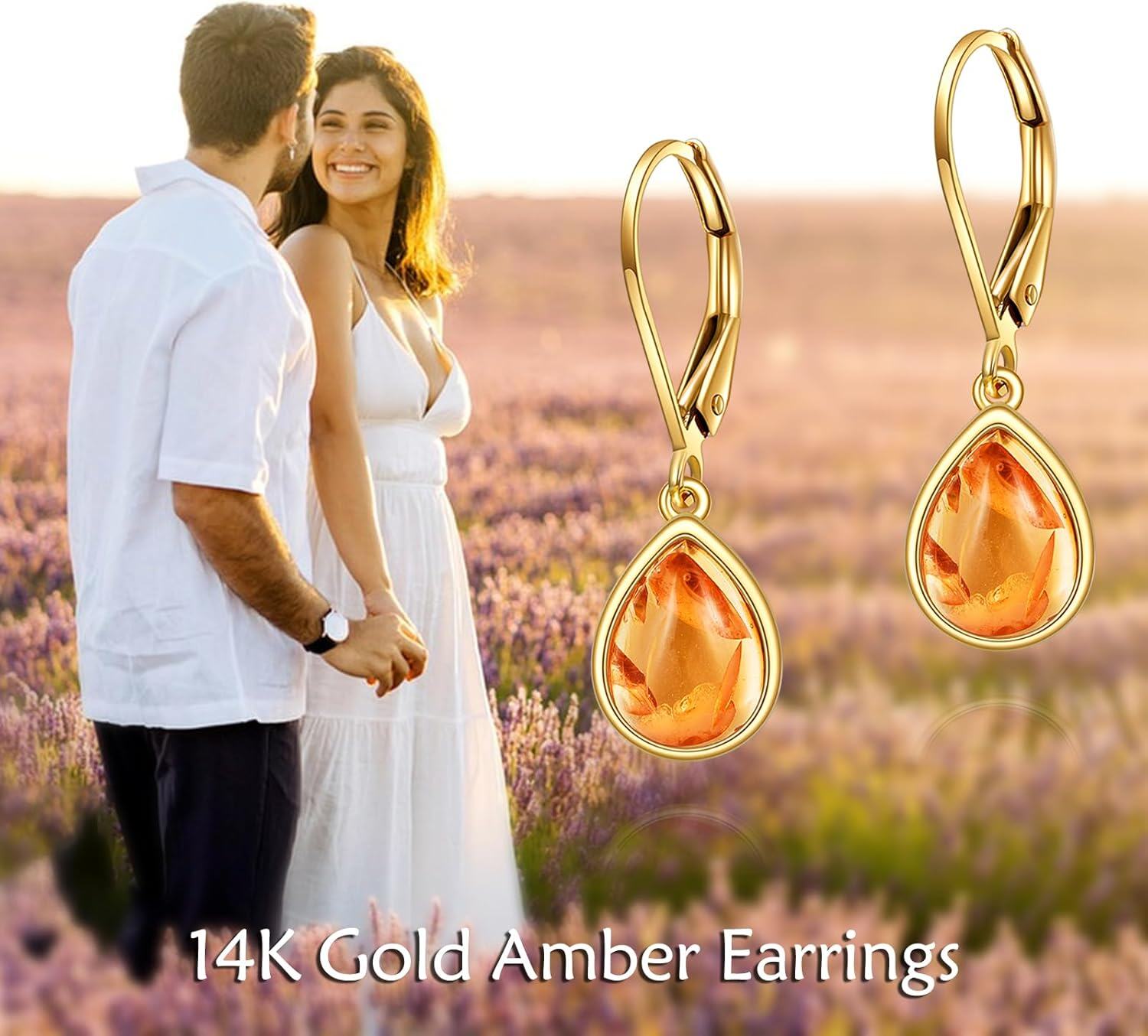 14K Gold Lapis Lazuli Opal Amber Teardrop Leverback Earrings for Women-0-3