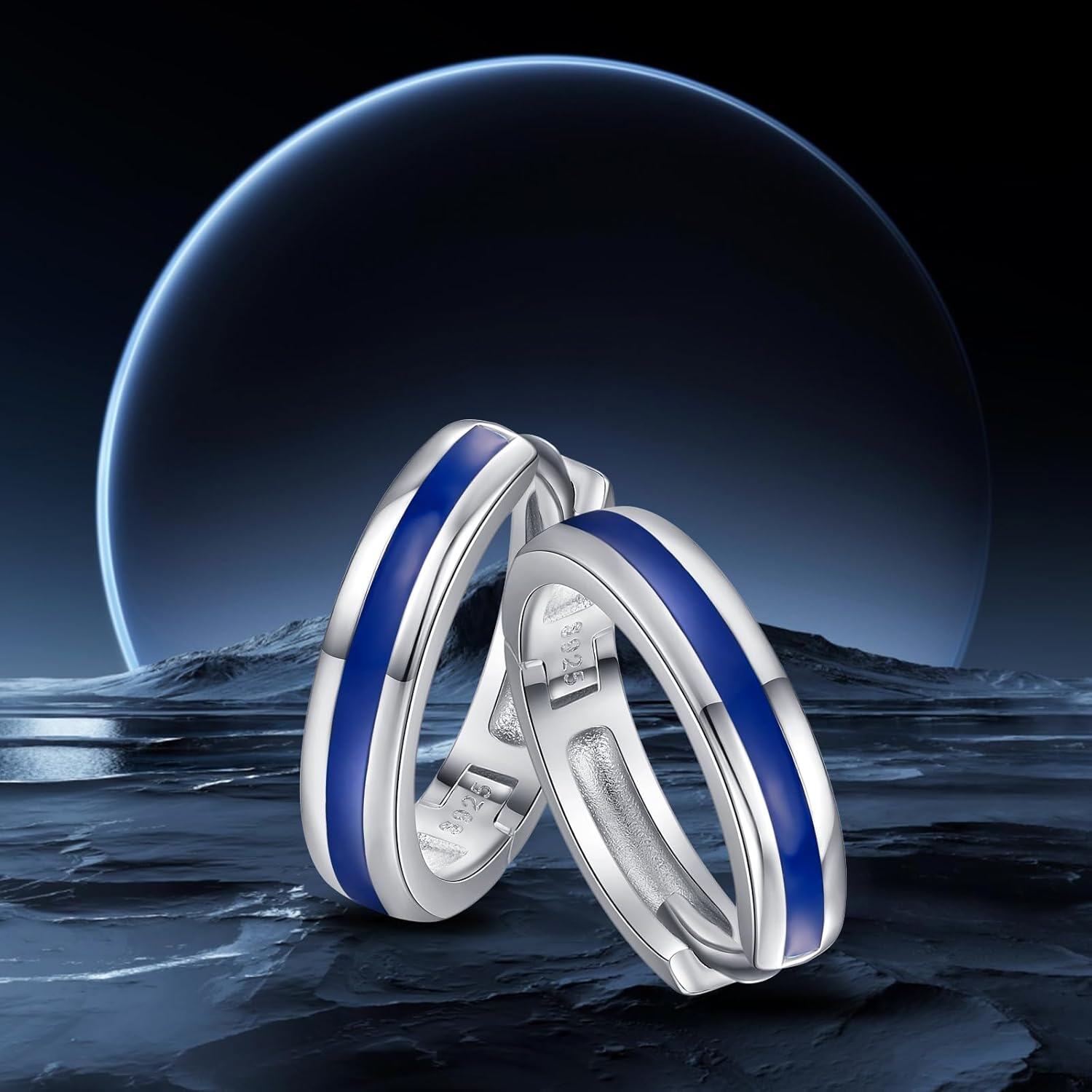 Sterling Silver Blue Opal Huggie Hoop Earrings for Men Women-0-3