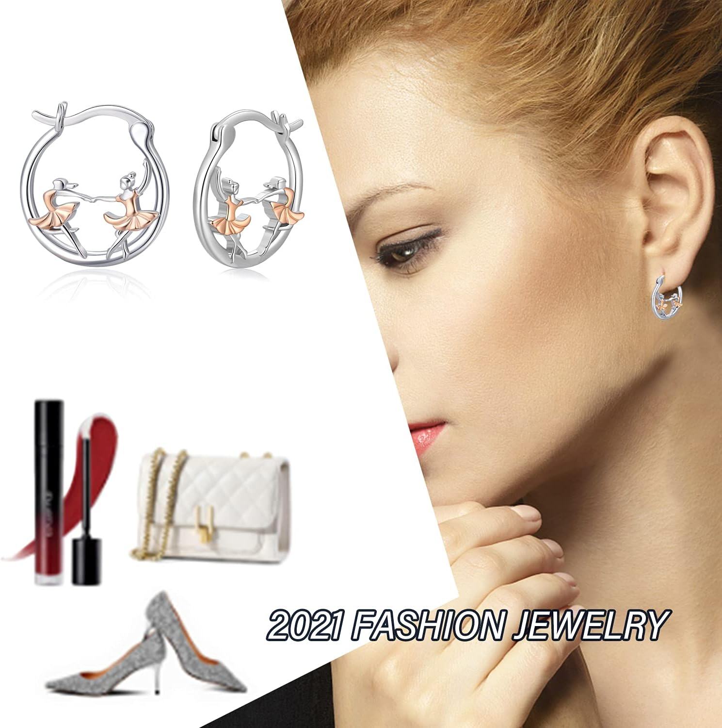 925 Sterling Silver Rose Gold Ballet Dancer Ballerina Huggie Hoop Earrings for Sensitive Ears-0-4