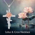 wholesale 925 Sterling Silver Floral Cross Pendant Necklace with Pink Lotus and Leaves Design Birthstone Jewelry for Women-0-4