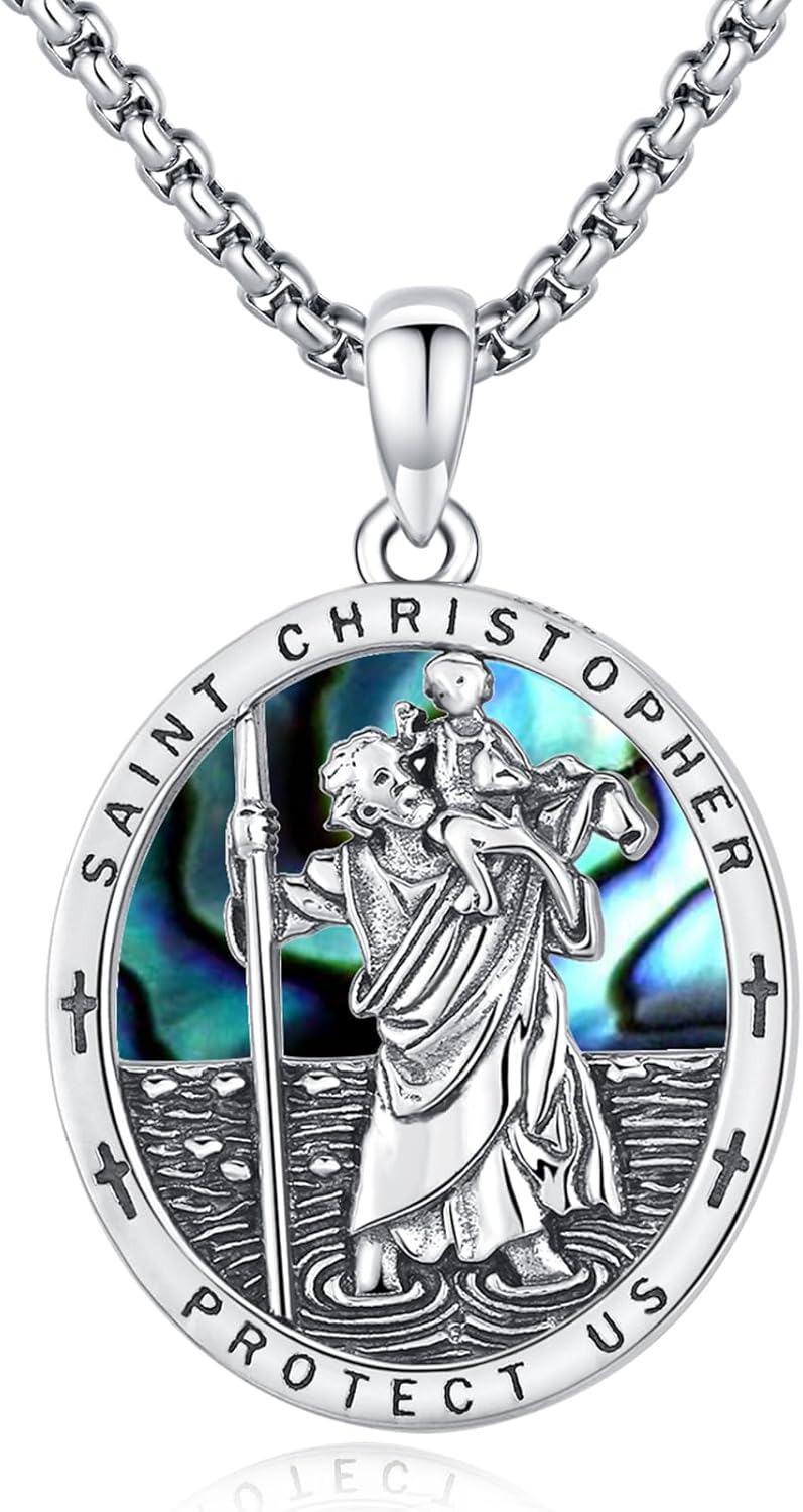 925 Sterling Silver 925 Saint Christopher Protect Us Necklace with Abalone Shell & Chain for Men/Women-0-0