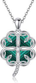 wholesale 925 Sterling Silver Clover Leaf Green Malachite Cubic Zirconia Accent Pendant Necklace for Women Girls Valentines Day Gifts Jewelry 43cm Chain Length-0-0