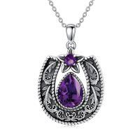wholesale 925 Sterling Silver Western Retro Filigree Horseshoe Pendant with Gemstone 18+2 Chain for Women-Feb-Amethyst