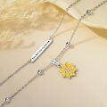 wholesale 925 Sterling Silver You Are My Sunshine Bar & Yellow Gold Plated Sunflower Charm Double Chain Necklace-0-4