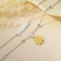 wholesale 925 Sterling Silver You Are My Sunshine Bar & Yellow Gold Plated Sunflower Charm Double Chain Necklace-0-4