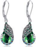 wholesale 925 Sterling Silver & Emerald Peacock Feather Dangle Earrings, Elegant Gift for Women-0-0
