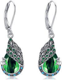 wholesale 925 Sterling Silver & Emerald Peacock Feather Dangle Earrings, Elegant Gift for Women-Emerald