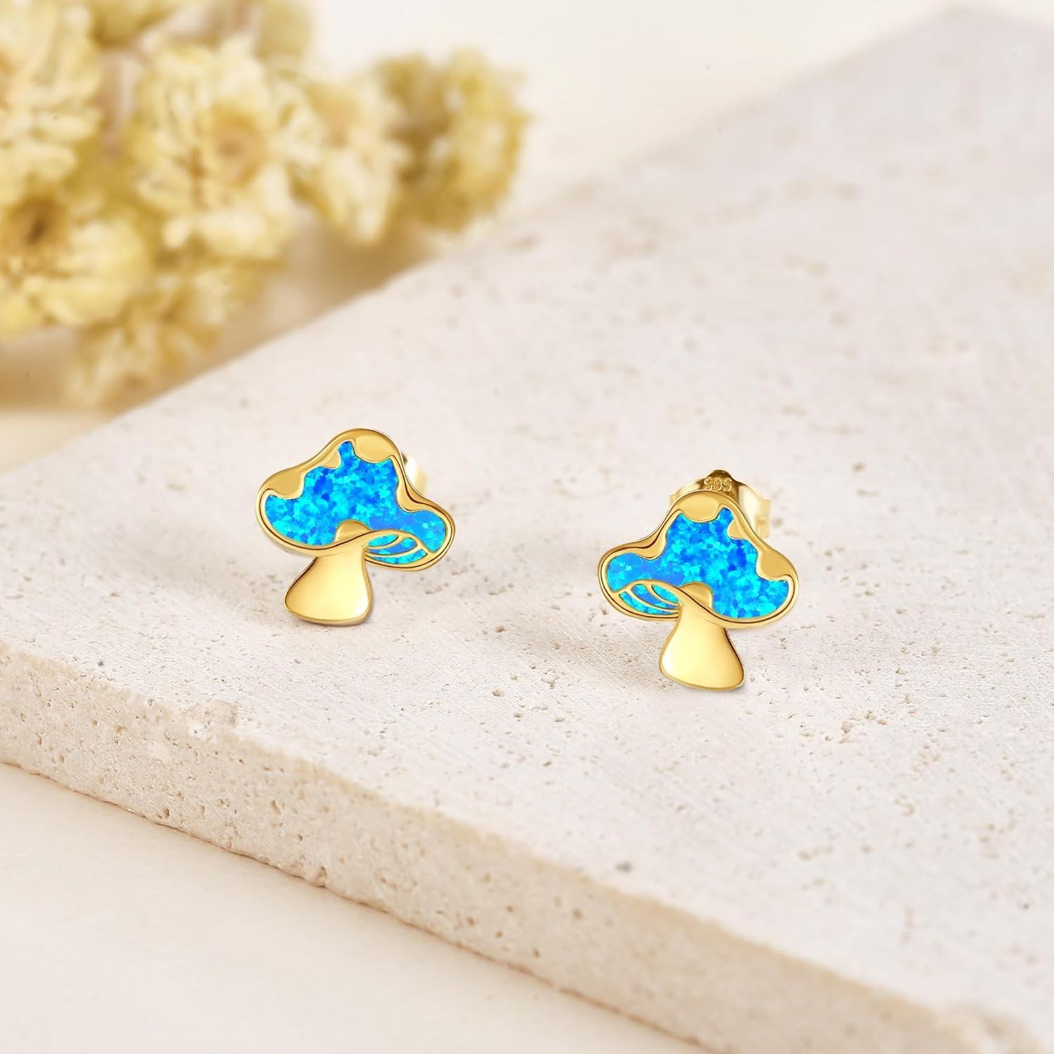 wholesale 14K Gold Blue Opal Mushroom Stud Earrings for Women Gift Ideas-0-1