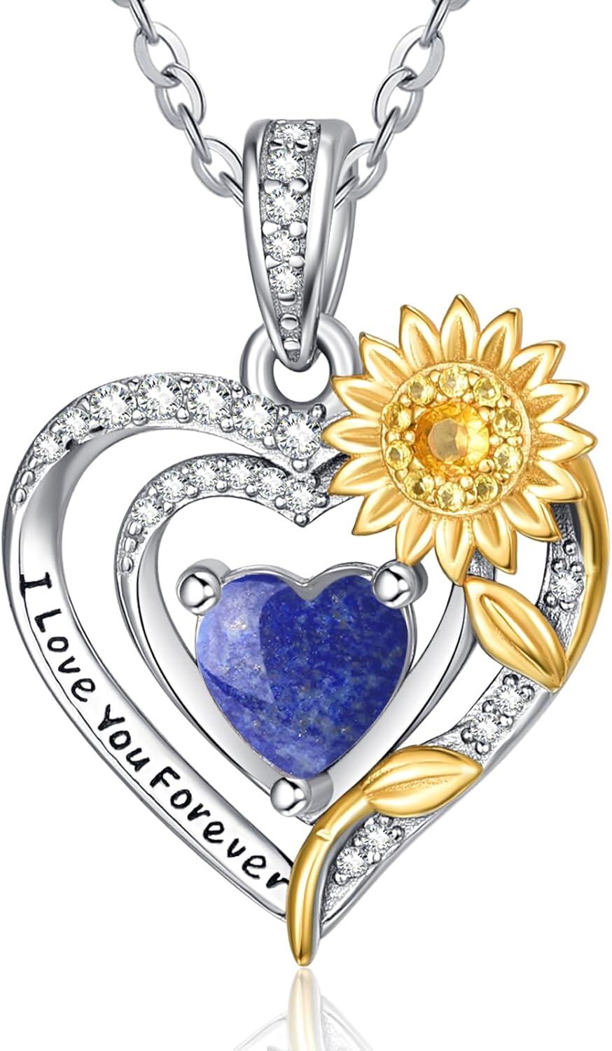 Sterling Silver Sunflower Birthstone Pendant Necklace for Women-Lapis Lazuli