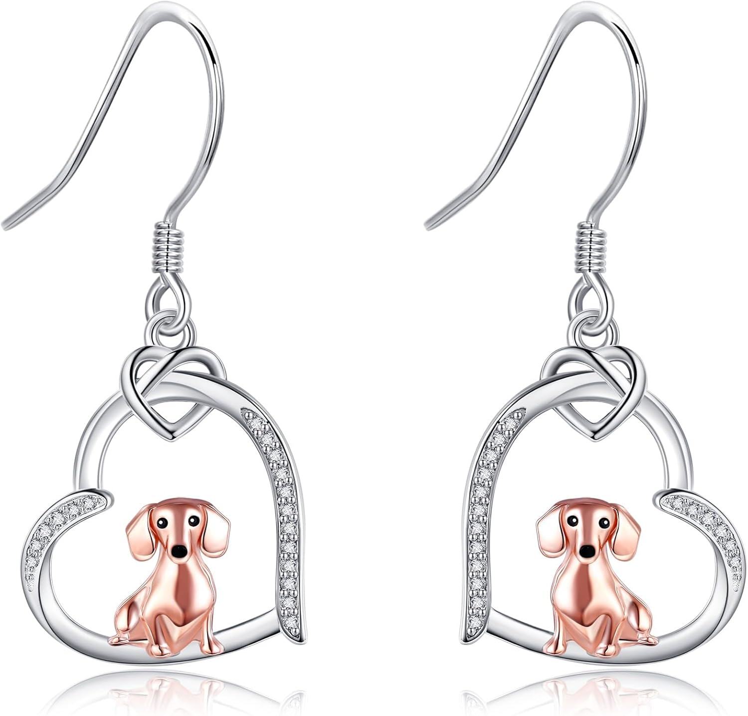 Sterling Silver Dog Earrings w Heart Dachshund Greyhound German Shepherd Dalmatian Dangle Jewelry Gifts for Women-0-1