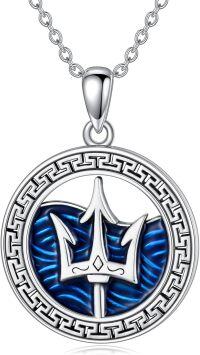 wholesale 925 Sterling Silver Trident Pendant Necklace with Blue Enamel Waves and Greek Key Design - Ocean Inspired Jewelry for Women & Men-Trident Necklace
