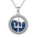 wholesale 925 Sterling Silver Trident Pendant Necklace with Blue Enamel Waves and Greek Key Design - Ocean Inspired Jewelry for Women & Men-0-0