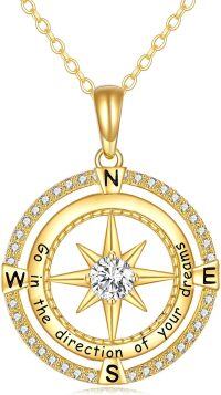 wholesale 14K Gold Compass Pendant Necklace with Cubic Zirconia and Inspirational Message Go in the direction of your dreams - Graduation Gifts for Her-B-Compass Necklace Yellow Gold