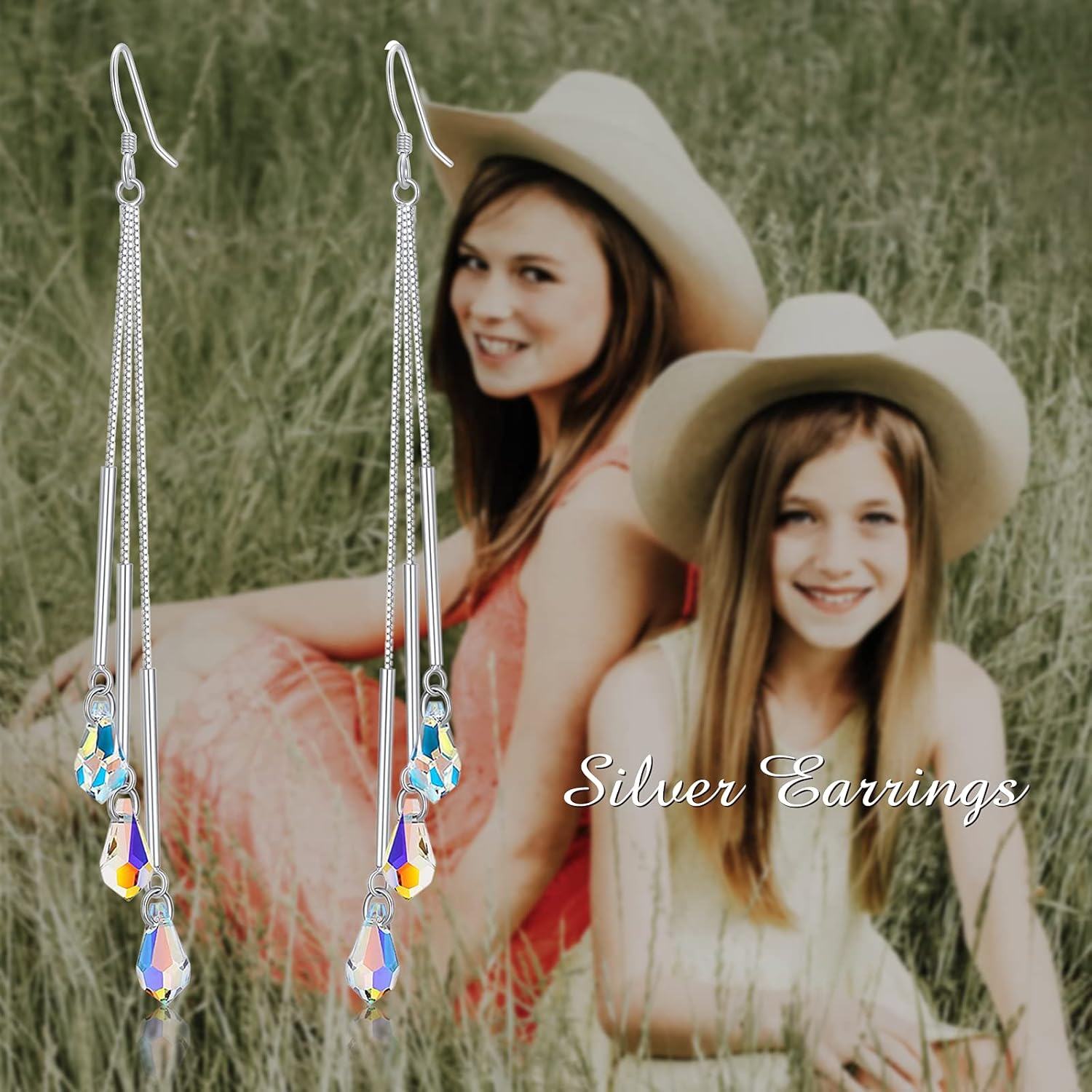 Sterling Silver Austrian Crystals Aurora Borealis Teardrop Dangle Earrings-0-4