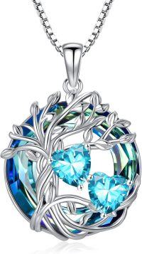 wholesale 18K White Gold Filled Sterling Silver Family Tree Pendant with 2 Heart Birthstones Blue Austrian Crystal Necklace for Women-03-03-Mar-Mar Birthstone
