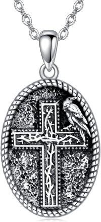 wholesale 925 Sterling Silver Cross Pendant with Raven and Thorn Design on Black Stone Chain for Men & Women-Raven Cross
