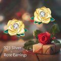 wholesale Gold 925 Sterling Silver Rose Stud Earrings with Cubic Zirconia and Green Leaves for Women's Gifts - Perfect for Birthdays & Holidays-0-4