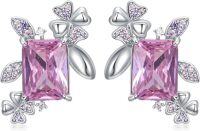wholesale 925 Sterling Silver 925 Pink Square Stone Butterfly Wing Stud Earrings for Women-Clover-Pink