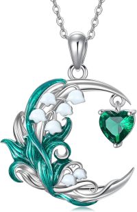 wholesale 925 Sterling Silver Birthstone Crescent Moon Floral Pendant Necklace-05-May-Lily of the valley