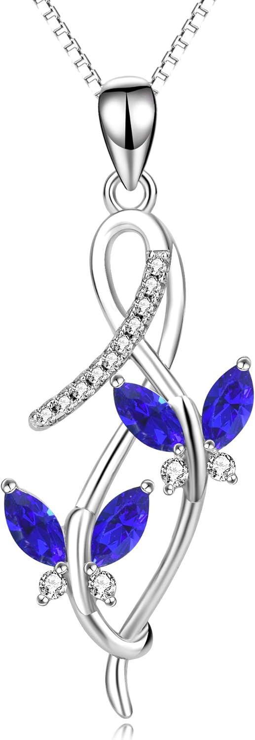 Sterling Silver Austrian Crystal Infinity Butterfly Pendant Necklace-A-Sapphire Blue